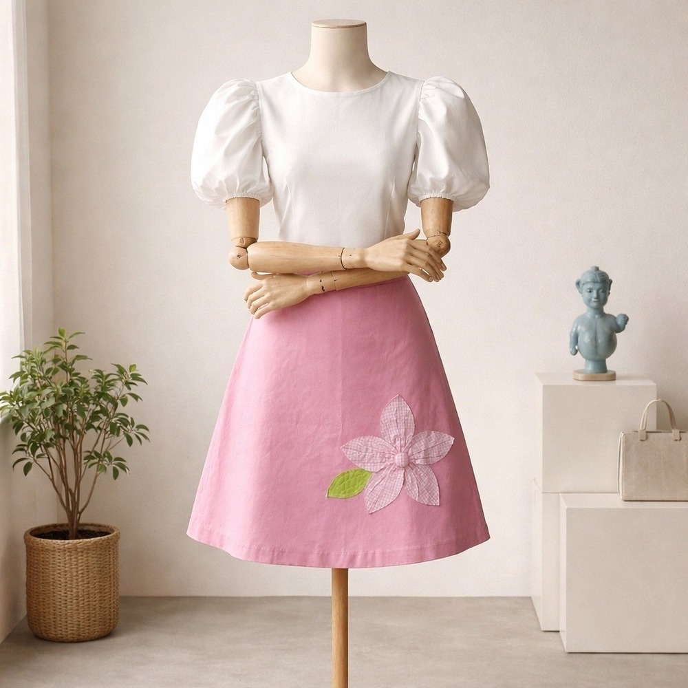 Bamboo Traders Pink Floral Applique A-Line Skirt Gingham Detail Size 12 Gingham